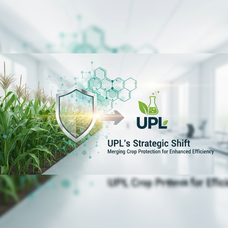 A visual metaphor for UPL's strategy, showing a shield protecting crops merging with chemical formulas and a beaker logo.