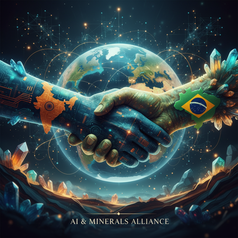 A handshake between two hands, one with India's map and circuit patterns, the other with Brazil's flag and mineral textures.