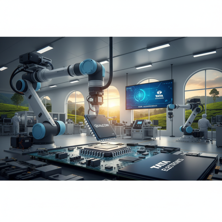 Robotic arm placing a Qualcomm chip on a circuit board, with Tata Electronics branding in a high-tech factory.