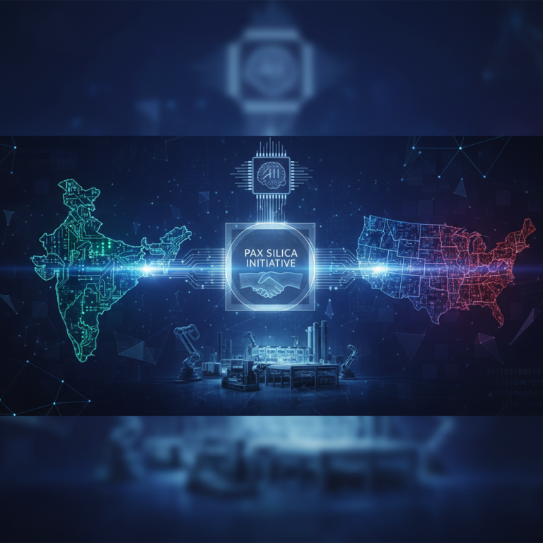 A professional image showing the maps of India and the US connected by digital lines, with "PAX SILICA INITIATIVE" at the center.