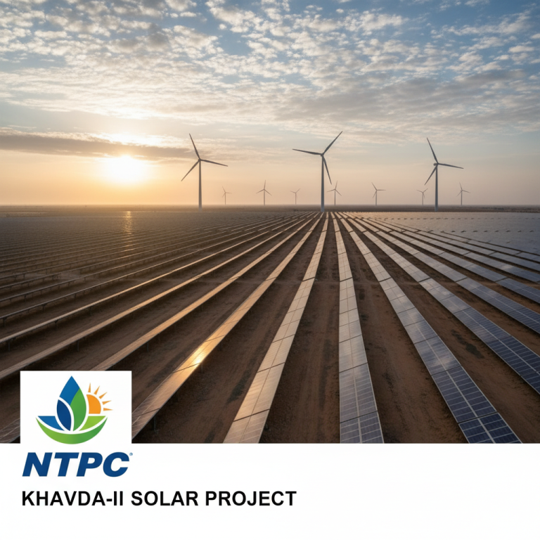 Solar panels and wind turbines stretch across a desert landscape under a sunrise, with the NTPC logo and project name.