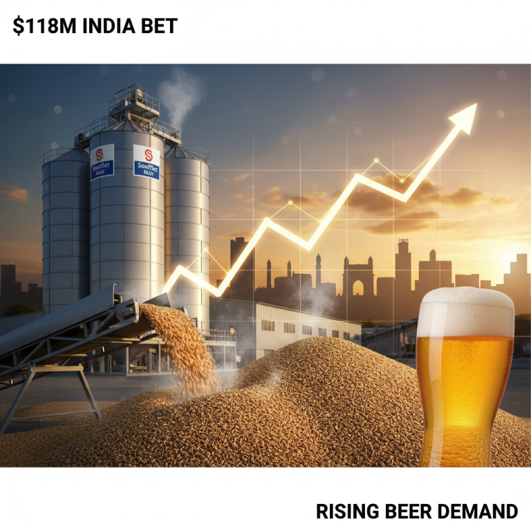 Soufflet Malt factory with an upward trend arrow over a pile of malt, symbolizing growth in India's beer market.