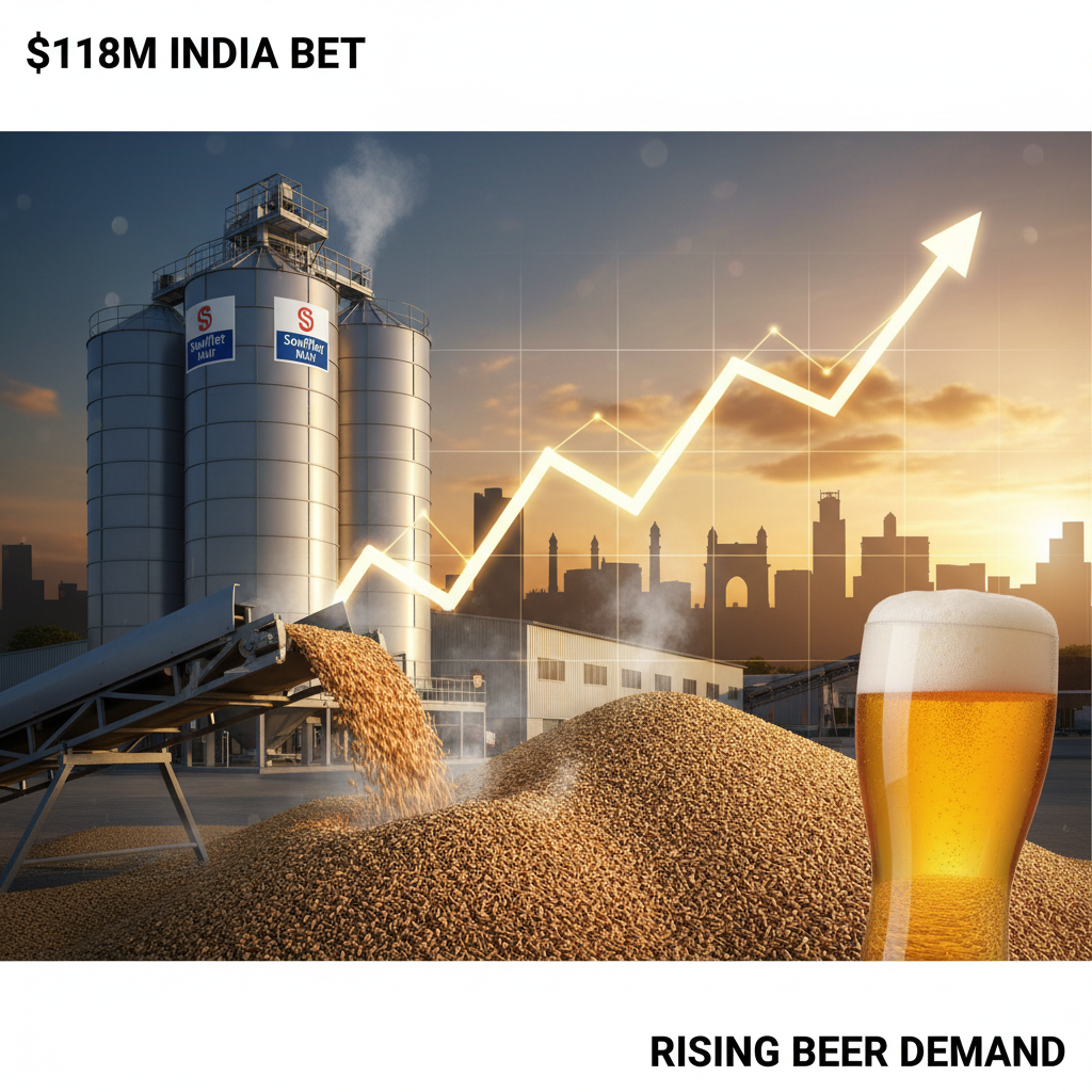 Soufflet Malt factory with an upward trend arrow over a pile of malt, symbolizing growth in India's beer market.