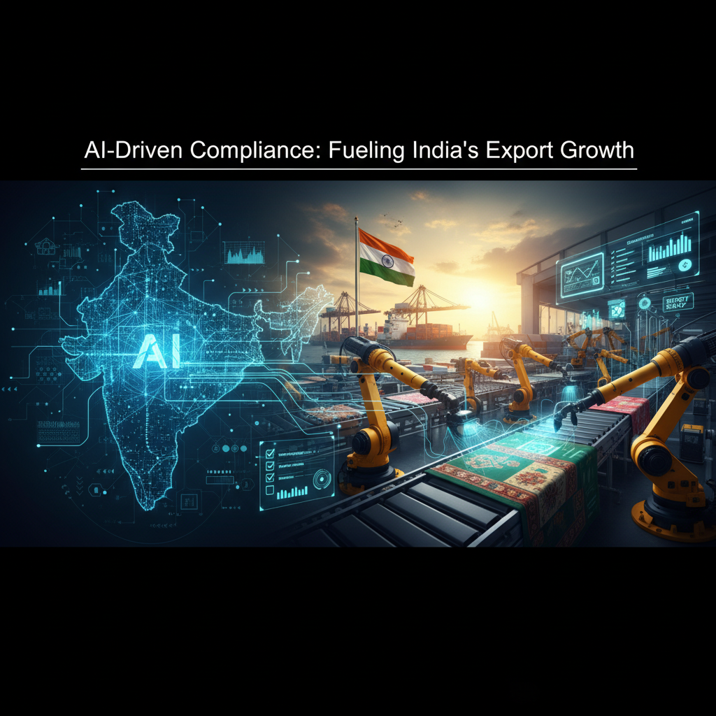 AI map of India, robotic arms on a textile production line, and a port with the Indian flag.