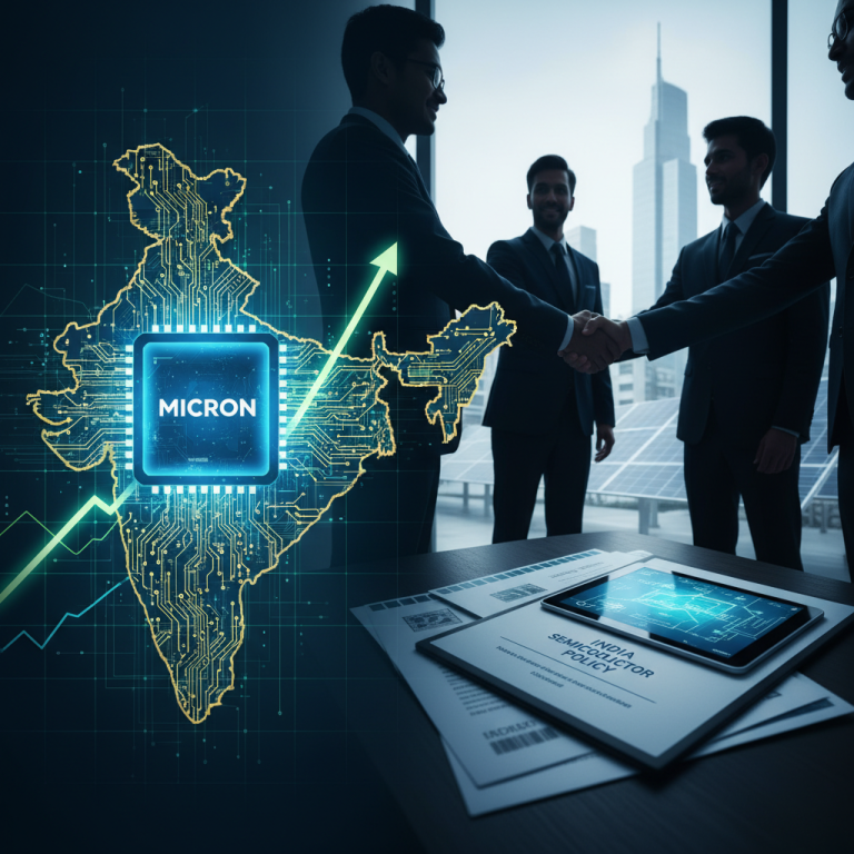 A professional image depicting business leaders shaking hands with a stylized map of India showing a circuit board pattern and a "Micron" chip.