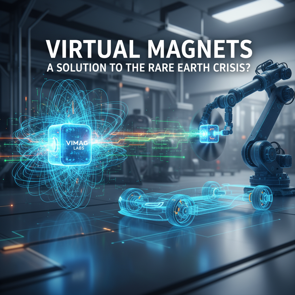 A professional image showing a robotic arm interacting with a virtual magnet cube, with a wireframe car nearby.