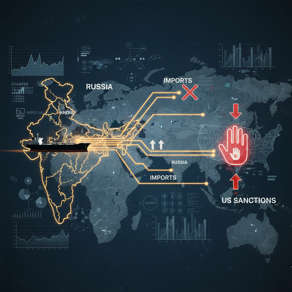 An infographic showing India's oil tanker routes, US sanctions, and Russia imports, set against a global map.