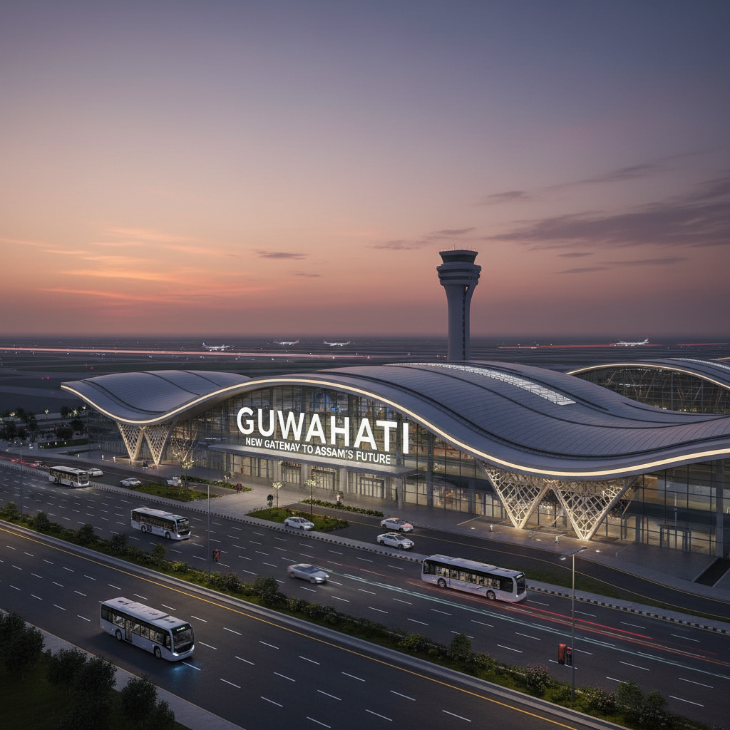 A modern airport terminal building with "GUWAHATI" lit up, cars on a road, and an air traffic control tower.