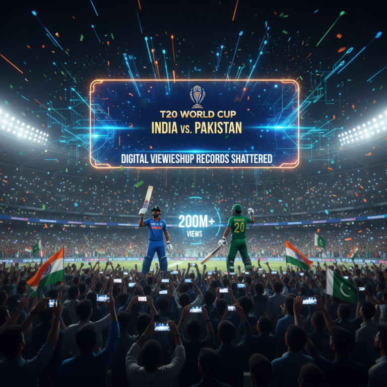 Two cricket players, one in blue (India) and one in green (Pakistan), stand on a stadium pitch before a cheering crowd.