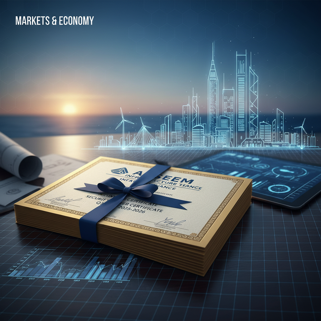 A stack of financial certificates with a blue ribbon, set against a background of a futuristic cityscape and market data.