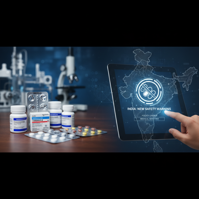 A digital tablet displaying a map of India with a safety warning icon, alongside medicine bottles and blister packs.