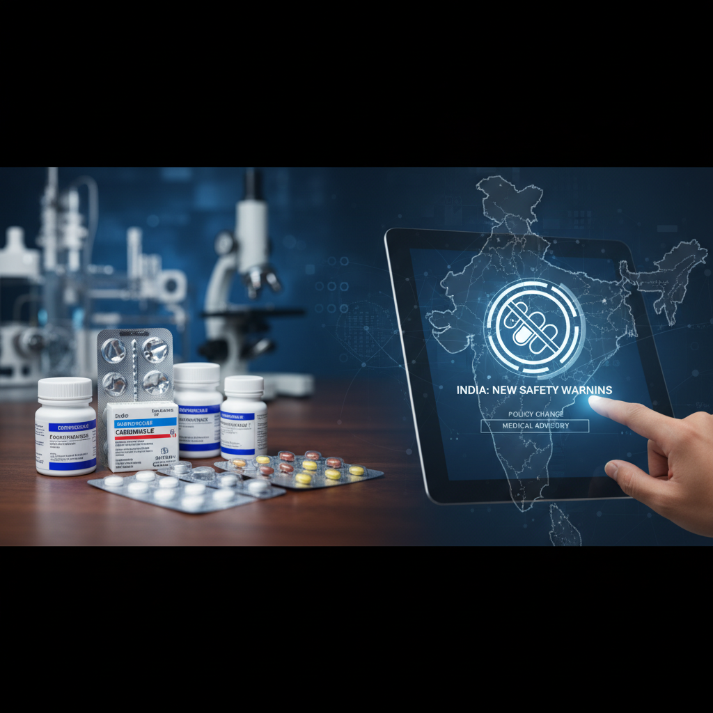 A digital tablet displaying a map of India with a safety warning icon, alongside medicine bottles and blister packs.