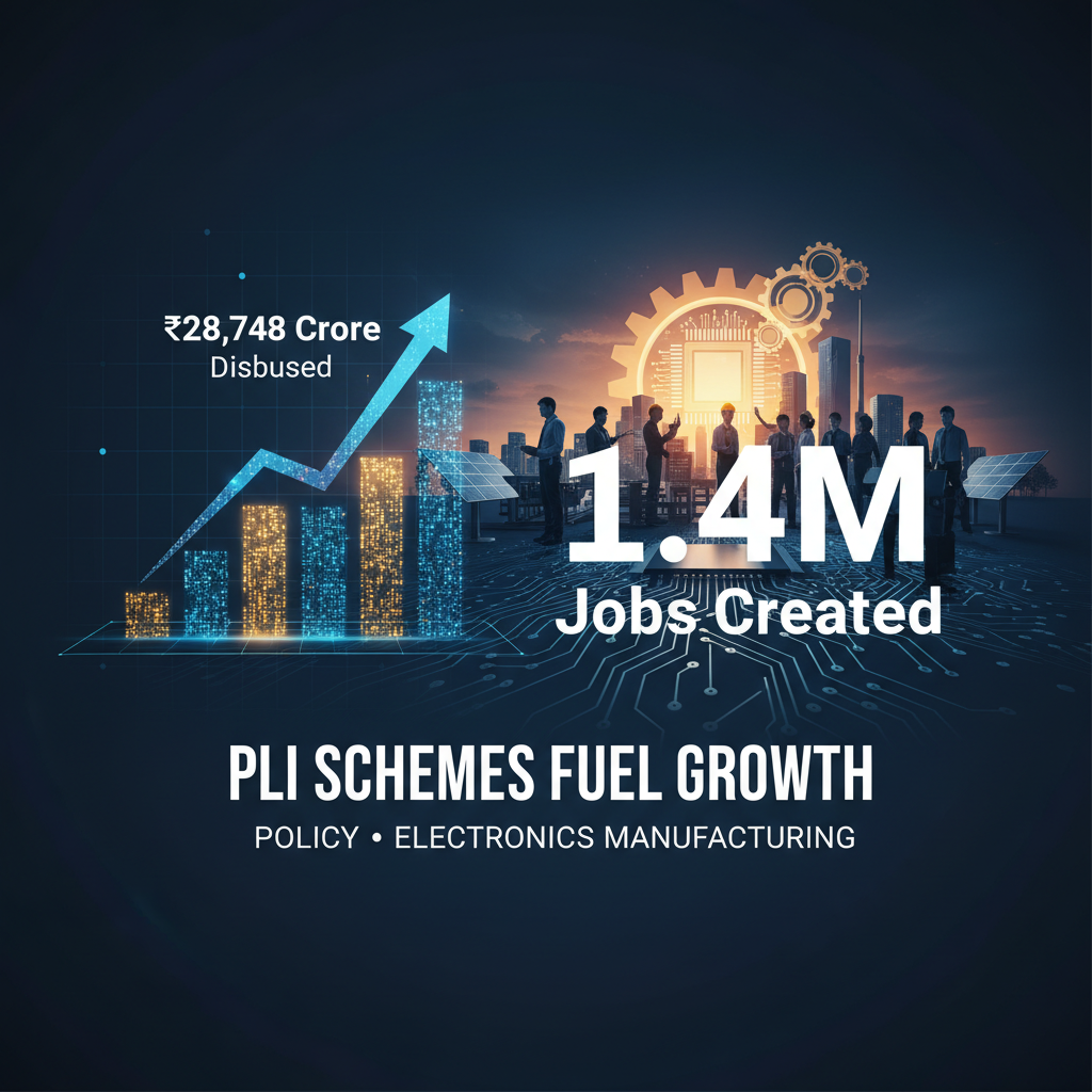 A professional graphic illustrating growth with a bar chart, disbursed funds, job creation, and electronic manufacturing elements.