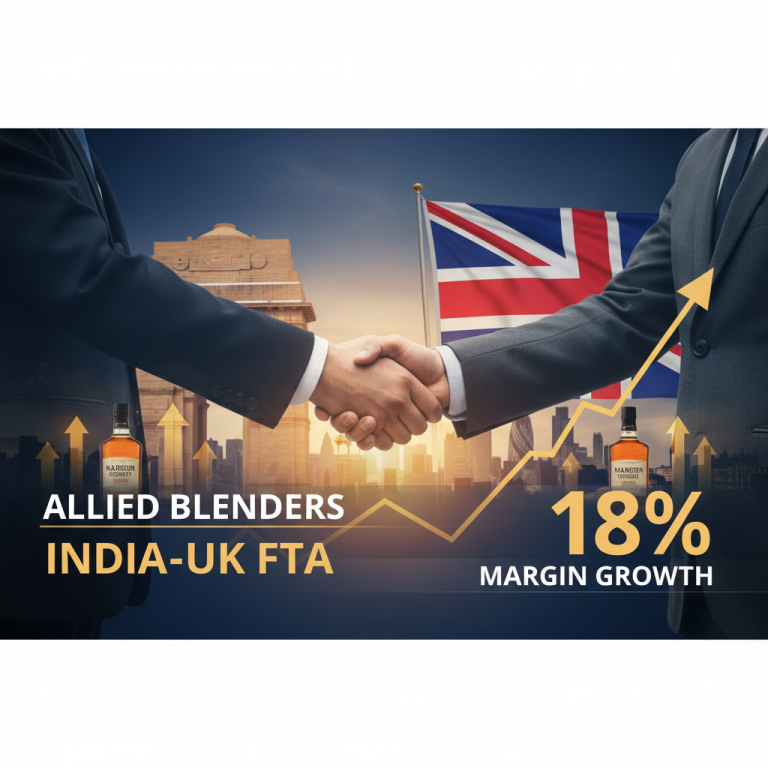 A handshake between two businessmen with the India Gate and UK flag in the background, signifying a trade agreement.