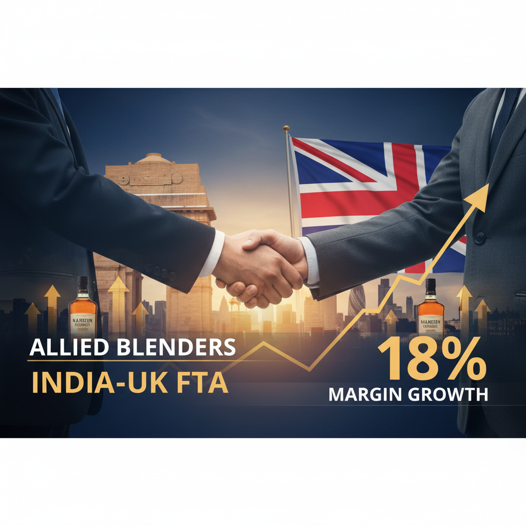 A handshake between two businessmen with the India Gate and UK flag in the background, signifying a trade agreement.