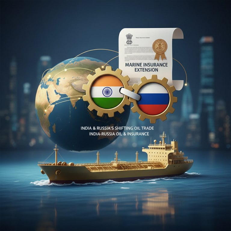 A professional image depicting a supertanker, gears with Indian and Russian flags, and a marine insurance document.