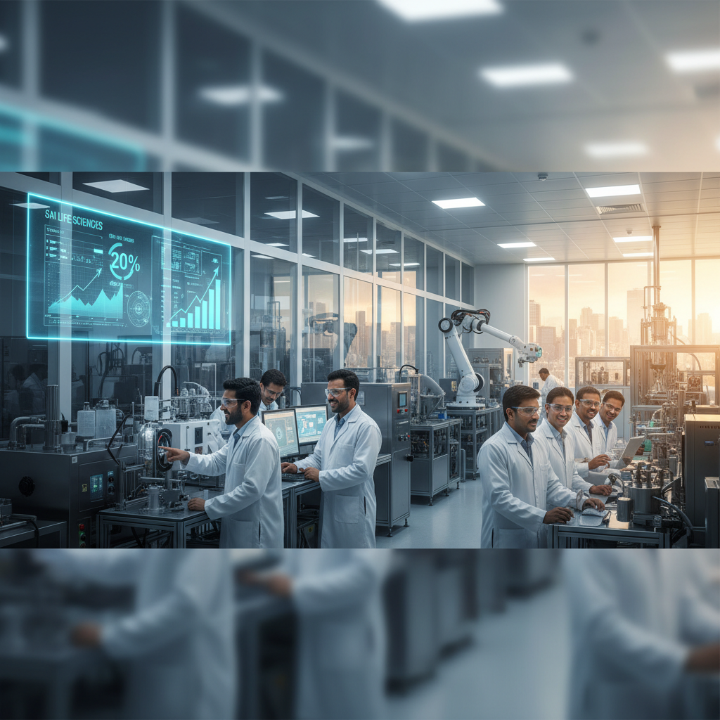 Scientists and technicians work in a modern pharma manufacturing facility with a holographic growth chart.