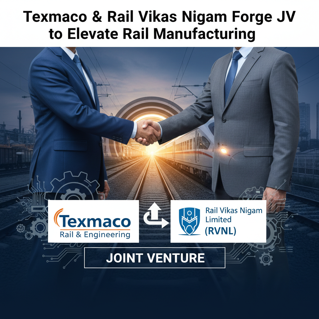 Two businessmen shaking hands over a train track, with company logos and "JOINT VENTURE" text.