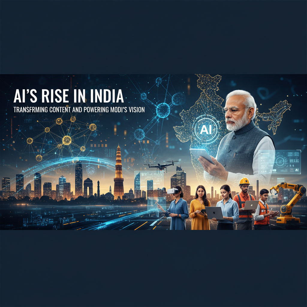 A professional header image showing PM Modi, Indian landmarks, and diverse individuals interacting with AI and technology.