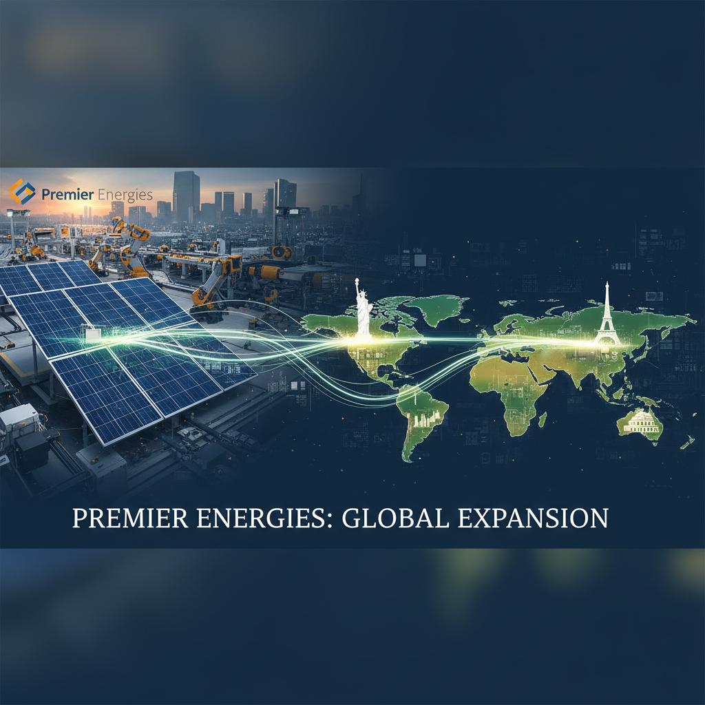 A modern infographic showing solar panels, a manufacturing plant, and a world map with highlighted US and Europe.