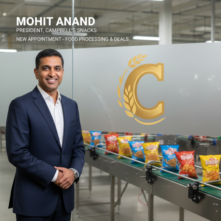 Mohit Anand, a man in a suit, stands in front of a frosted glass panel with the Campbell's logo.
