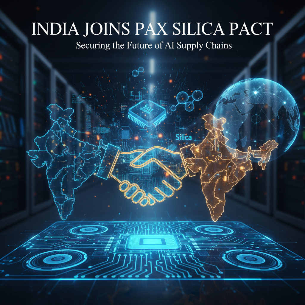 A digital illustration showing a handshake between India and a global map, with silicon chips and policy outlines.