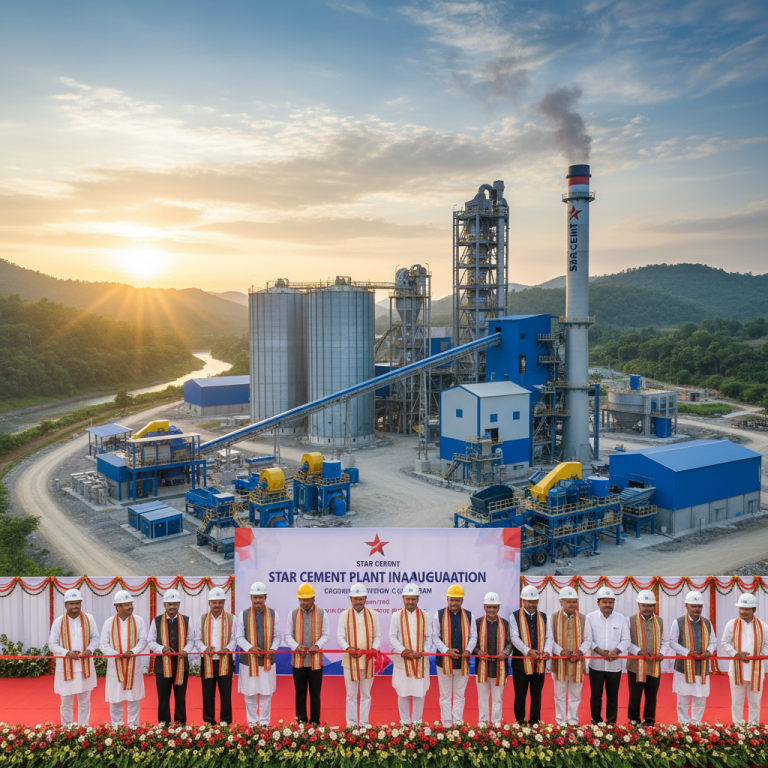 Wide shot of a modern cement plant with an inaugural ceremony in the foreground, against a scenic sunrise.