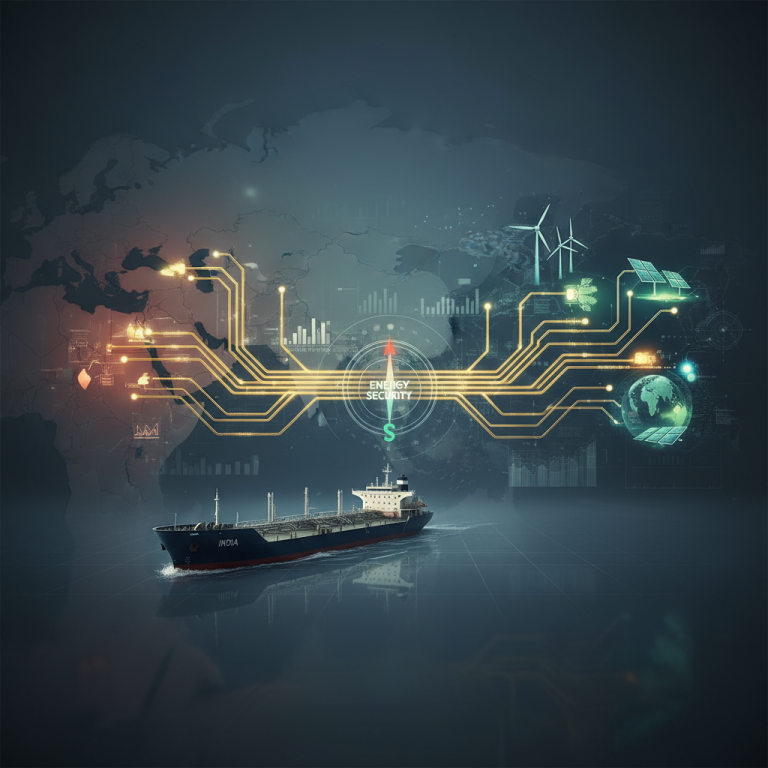 A ship named 'India' sails on a map, with digital circuits connecting it to oil fields, a compass, and renewable energy.
