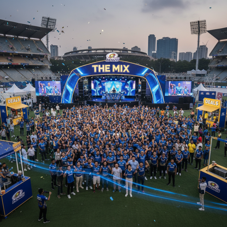 Aerial view of a large fan festival with a stage, screens, and many people in blue shirts.