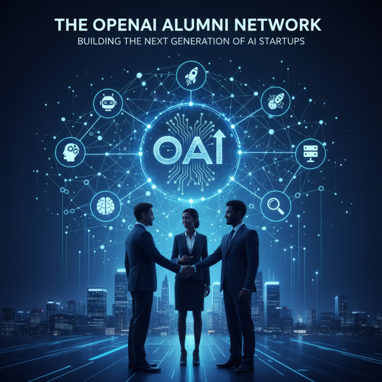 Three professionals shake hands, symbolizing collaboration, with AI icons and city skyline in the background.