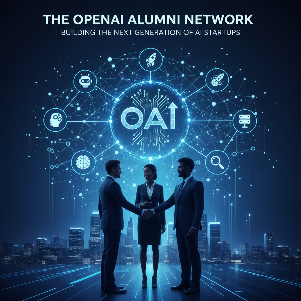 Three professionals shake hands, symbolizing collaboration, with AI icons and city skyline in the background.