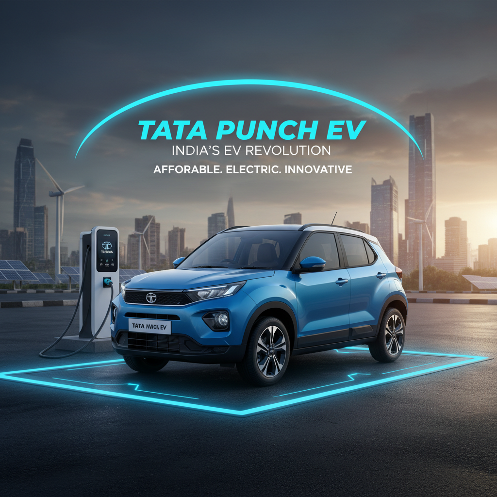 A blue Tata Punch EV charging in a modern city with wind turbines and solar panels.