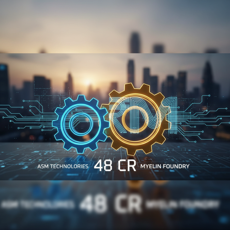 Two interconnected gears, one blue and one orange, symbolizing a partnership, with city skyline background.