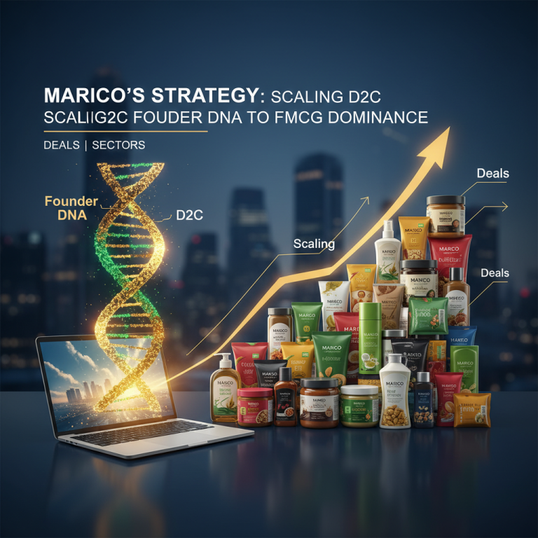 A visual representation of Marico's strategy, showing a DNA strand, a laptop, and a rising arrow of products.