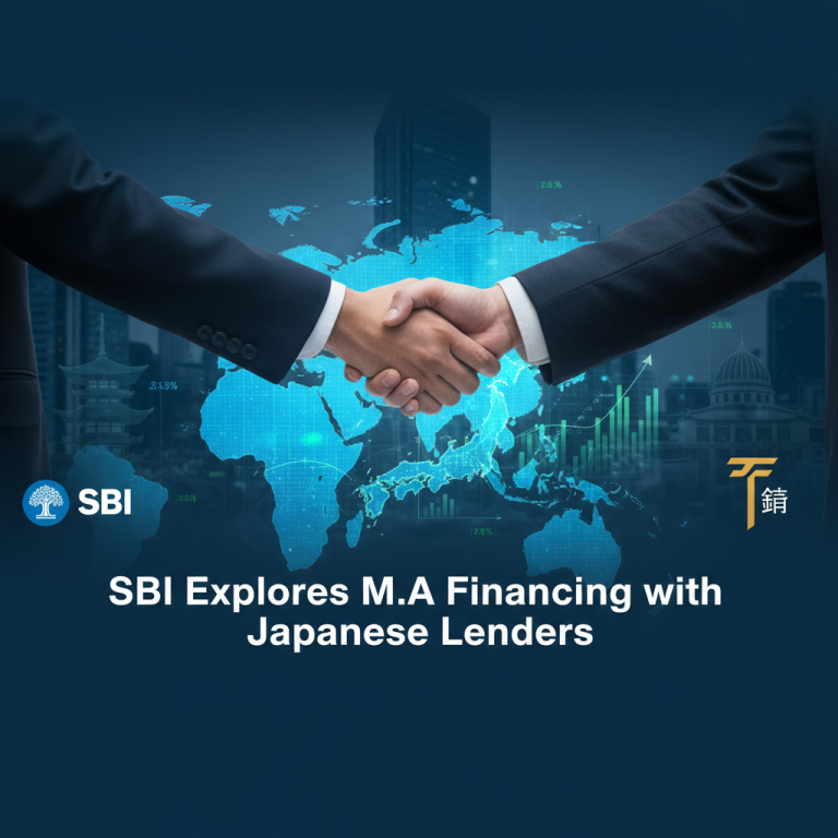 Two businessmen shaking hands over a world map highlighting Japan and India, with city skylines.