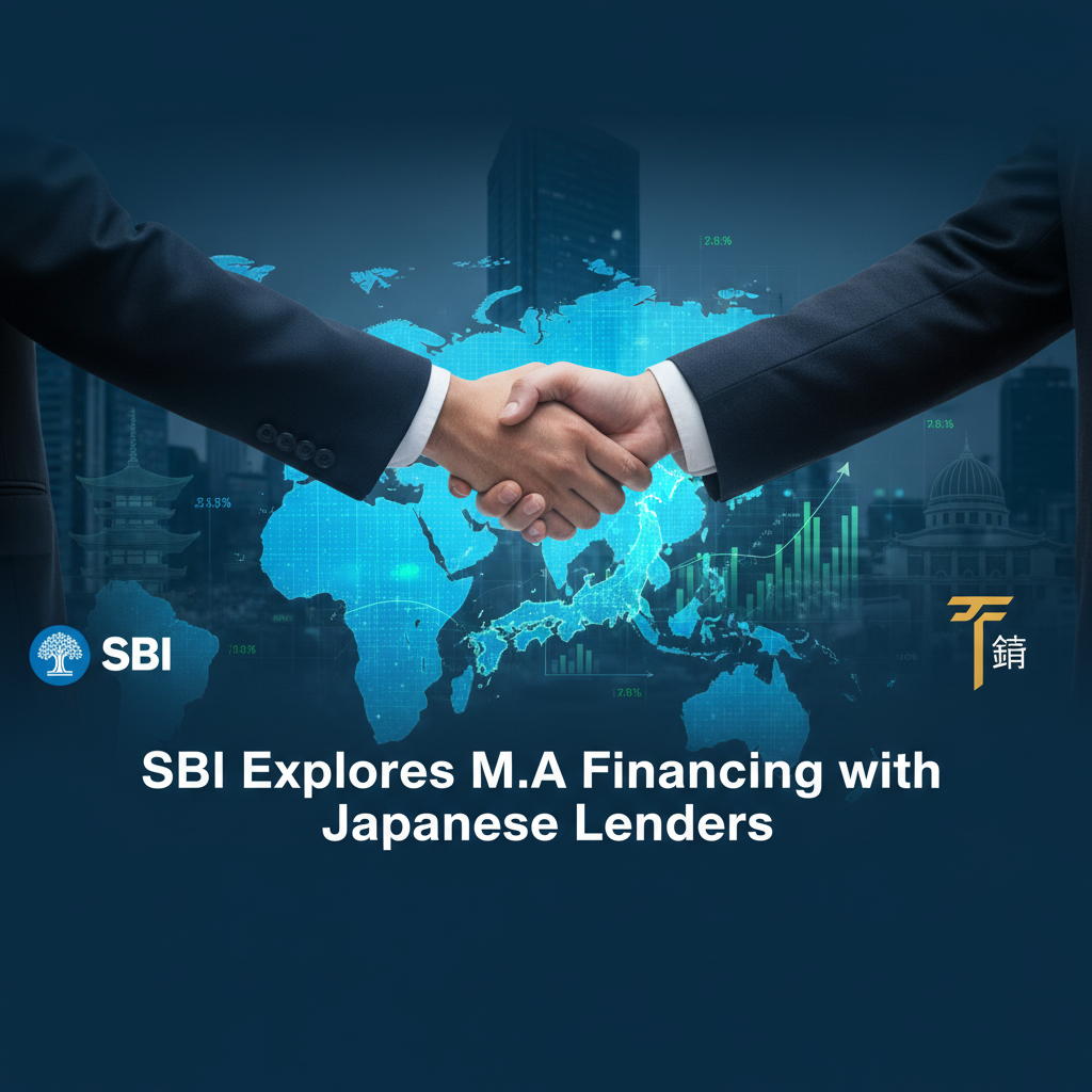 Two businessmen shaking hands over a world map highlighting Japan and India, with city skylines.