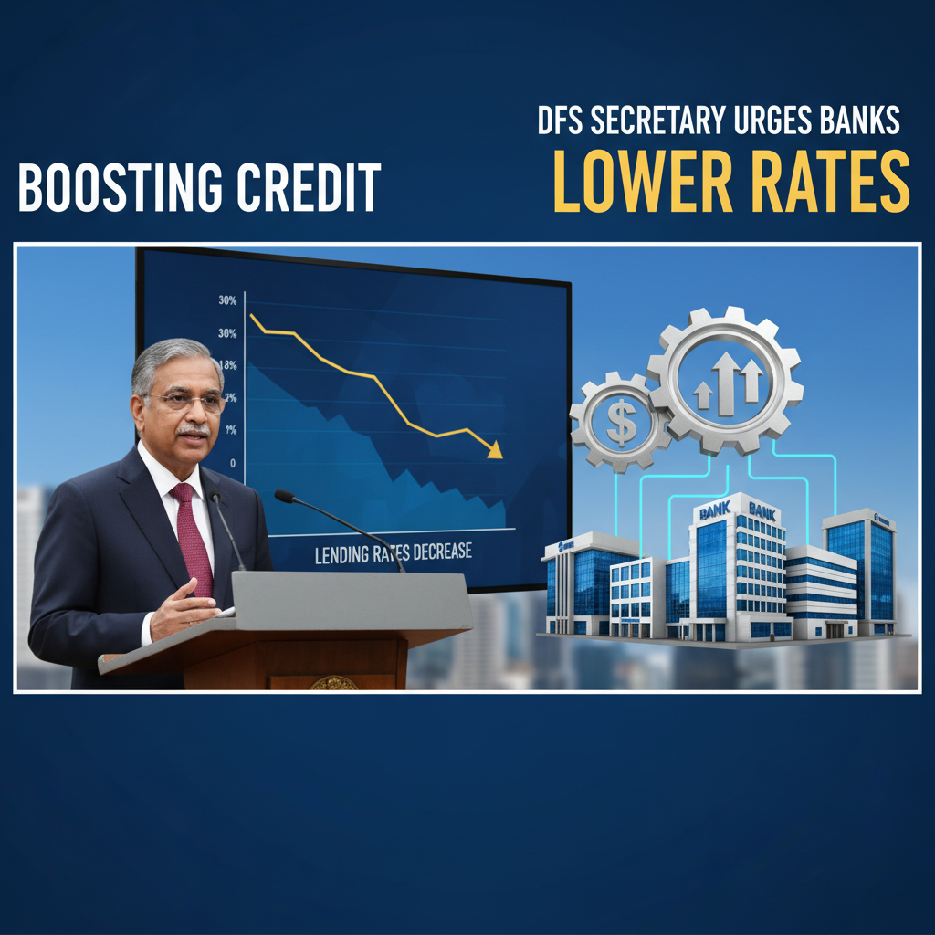 A man at a podium with a decreasing lending rates graph, gears, dollar sign, and bank buildings.