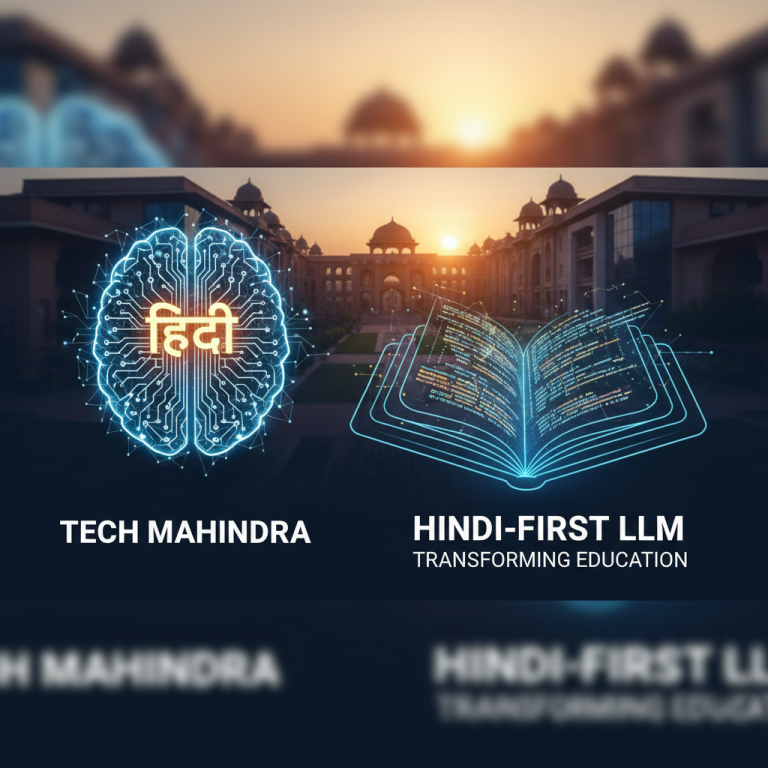 A professional image showing a glowing AI brain with "हिंदी" (Hindi) text, an open digital book of code, and an Indian university.