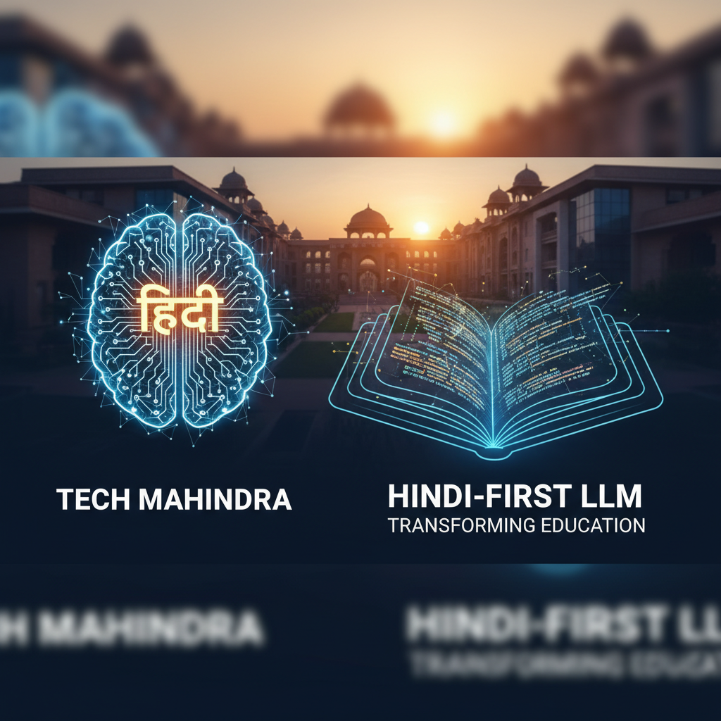 A professional image showing a glowing AI brain with "हिंदी" (Hindi) text, an open digital book of code, and an Indian university.