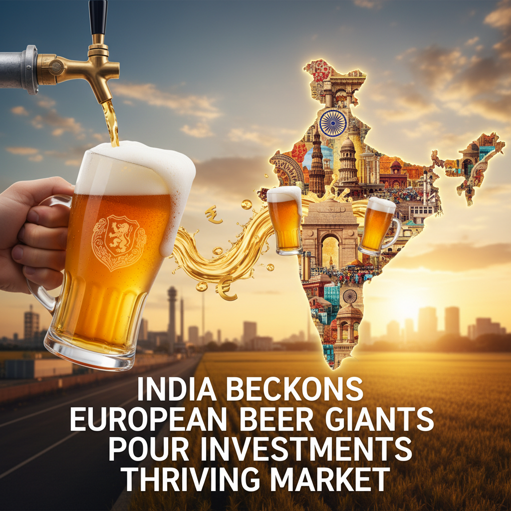 A professional image depicting a beer tap pouring beer into a mug, with a map of India filled with landmarks, and euro symbols.
