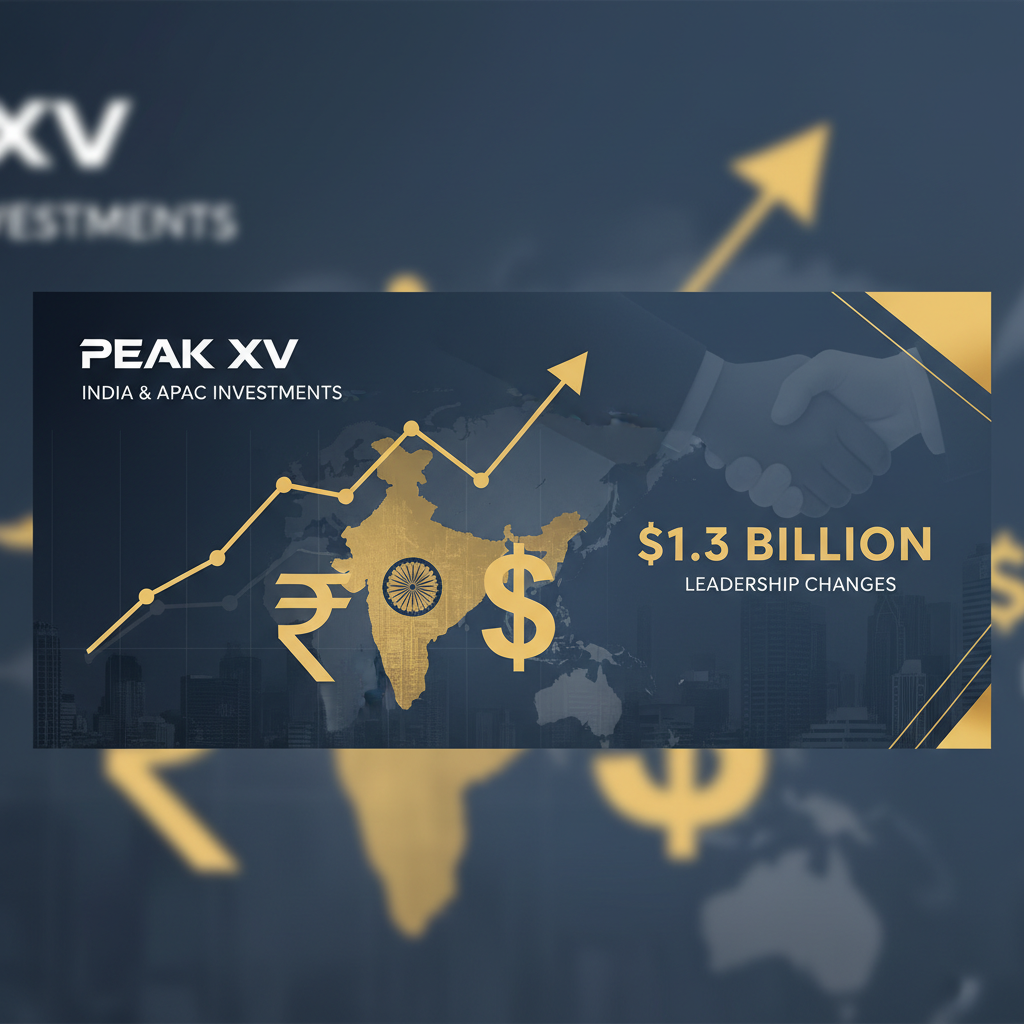 A professional graphic depicting Peak XV's $1.3 billion investment in India and APAC, with financial symbols.