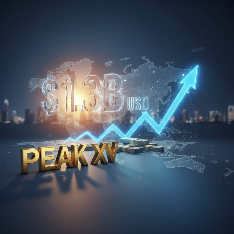A professional image showing "Peak XV" in gold letters, "$1.3B USD" glowing, an upward arrow, and a world map.