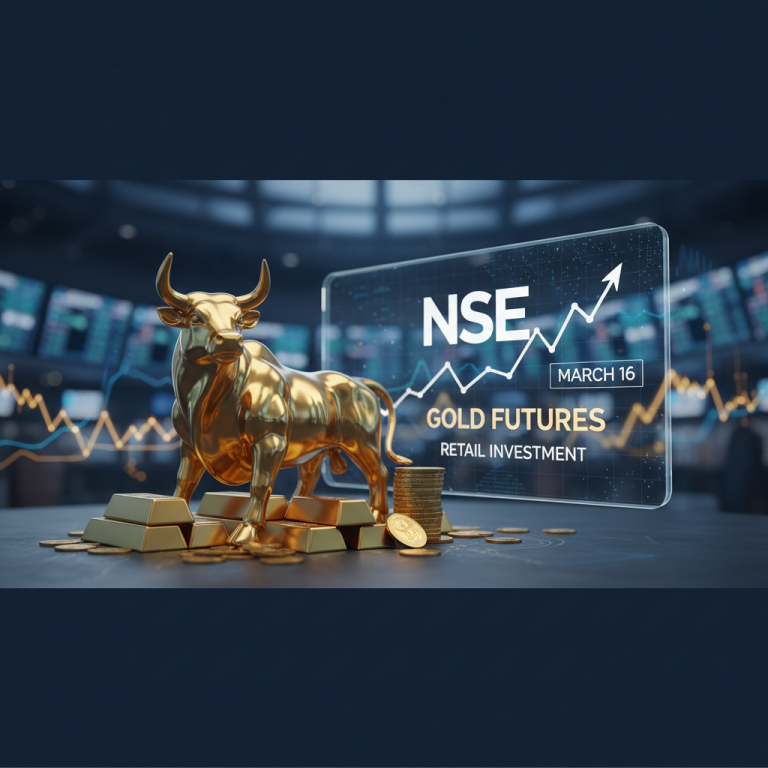 Golden bull statue, gold bars, coins, and a digital display showing "NSE Gold Futures, March 16, Retail Investment."