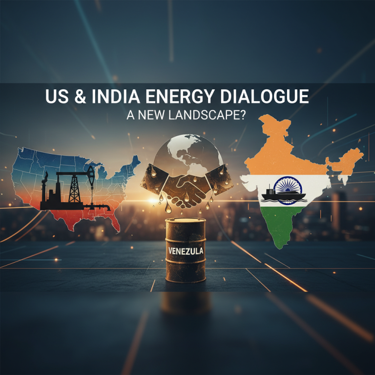 A professional graphic depicting the US and India's maps, a barrel of oil labeled 'Venezuela', and a handshake over a globe.