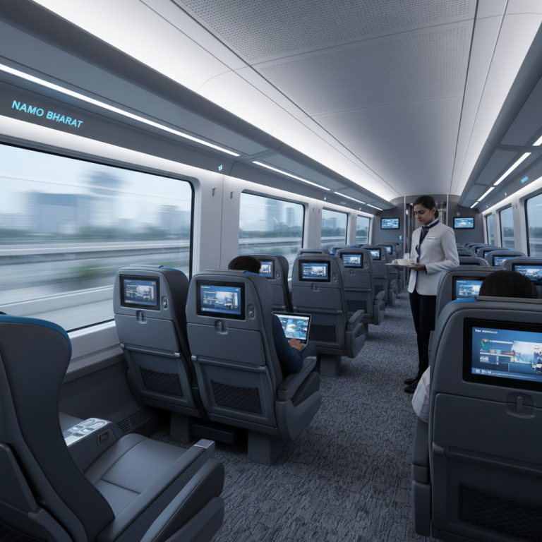 Interior of a high-speed Namo Bharat train with spacious seating, individual screens, and a flight attendant serving.