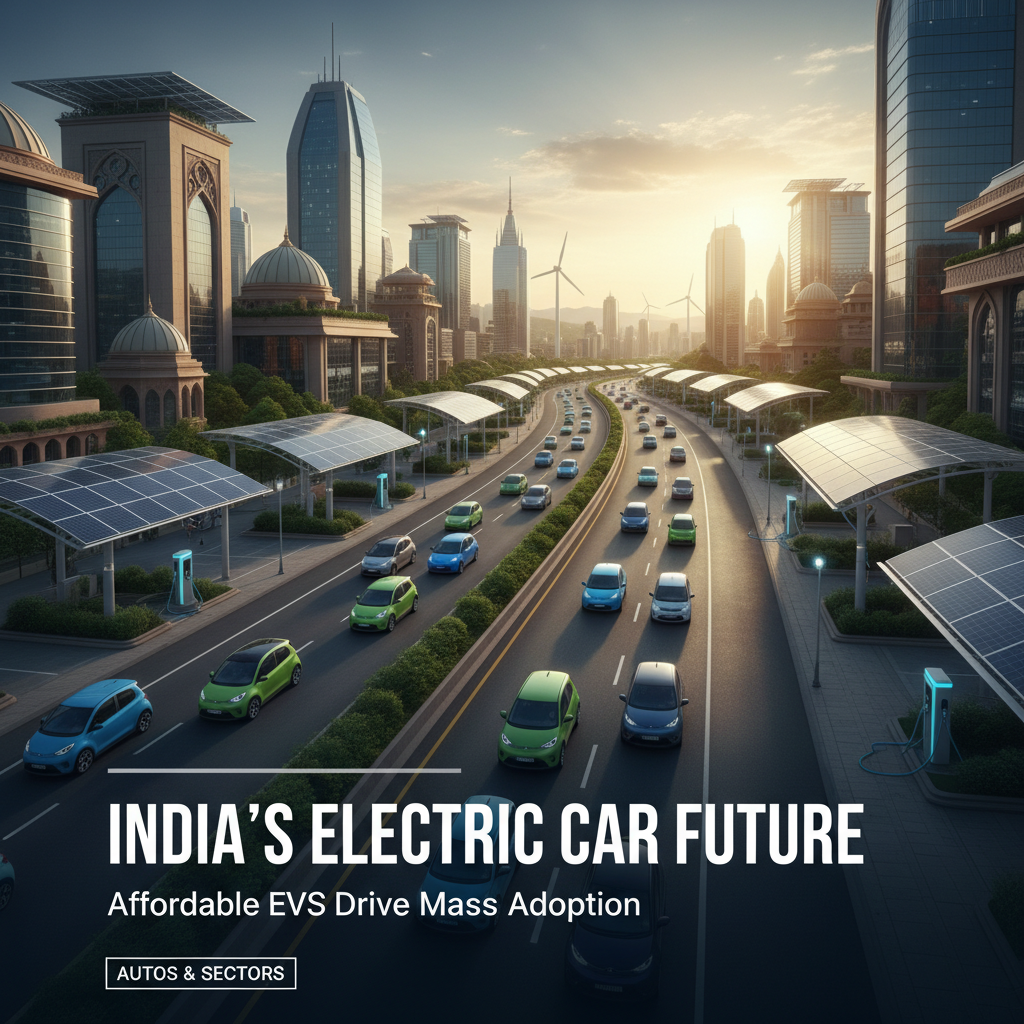 Electric cars on a modern Indian highway with solar charging stations and a city skyline.
