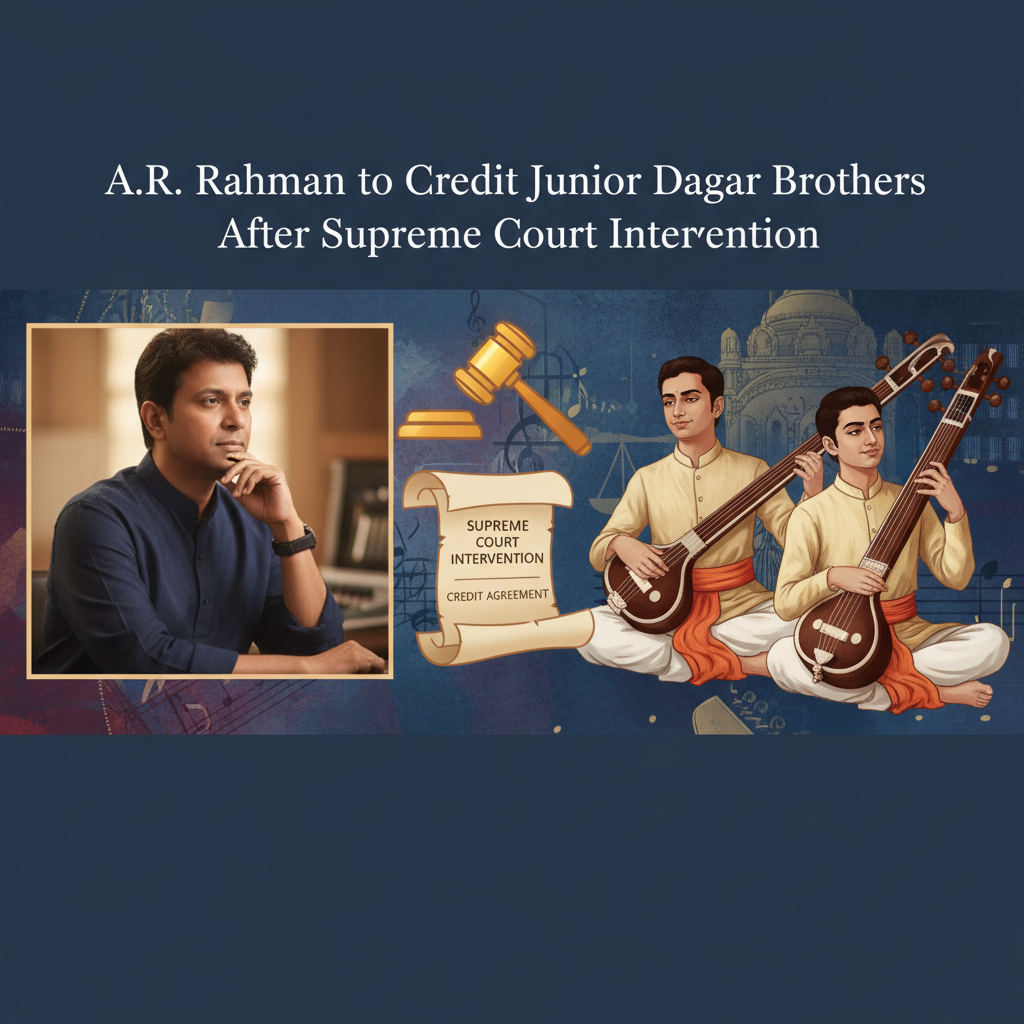 A composite image featuring A.R. Rahman, traditional Indian musicians, and symbols of justice, reflecting a legal dispute.