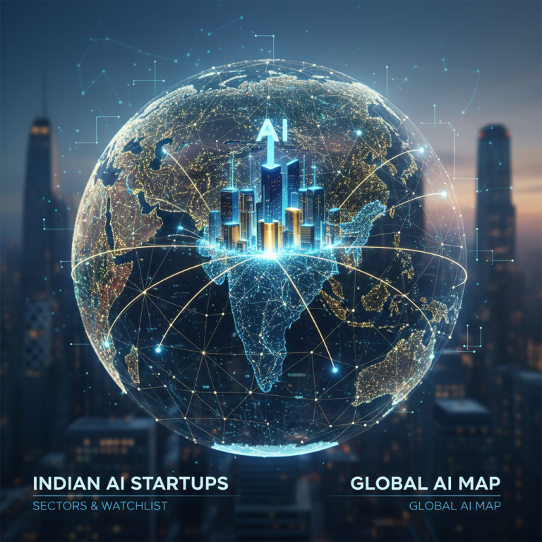 A glowing globe showing India as a hub of interconnected AI startups, with an upward arrow symbolizing growth.