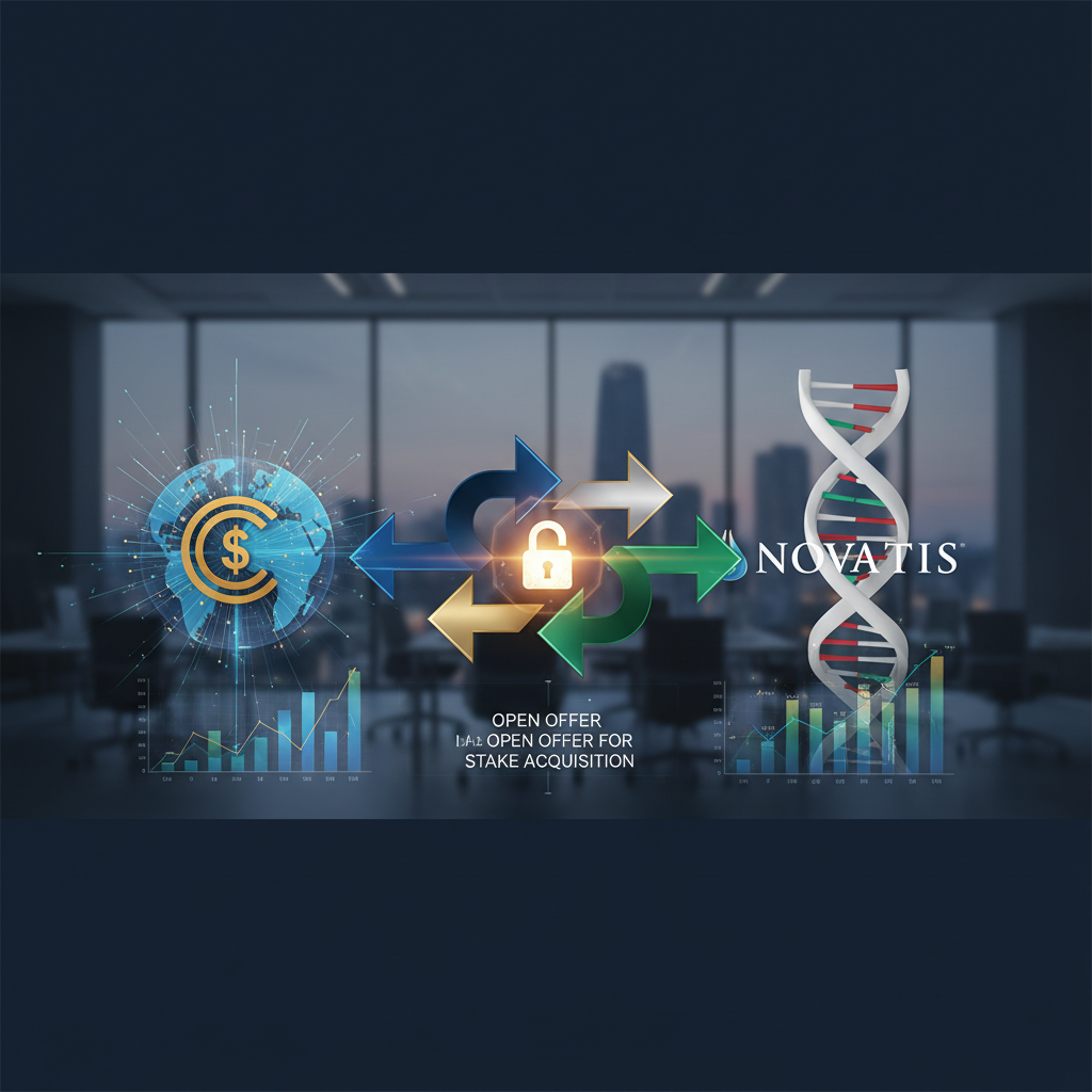 A professional image illustrating an open offer for a stake acquisition with financial and pharmaceutical elements.
