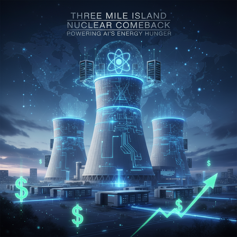 A nuclear power plant with glowing circuits and data centers, representing the intersection of nuclear energy and AI.